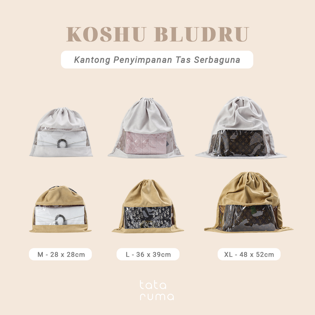 KOSHU BLUDRU - Organizer Tas Bludru Serut Transparan Kantong PVC Anti Debu Lembab