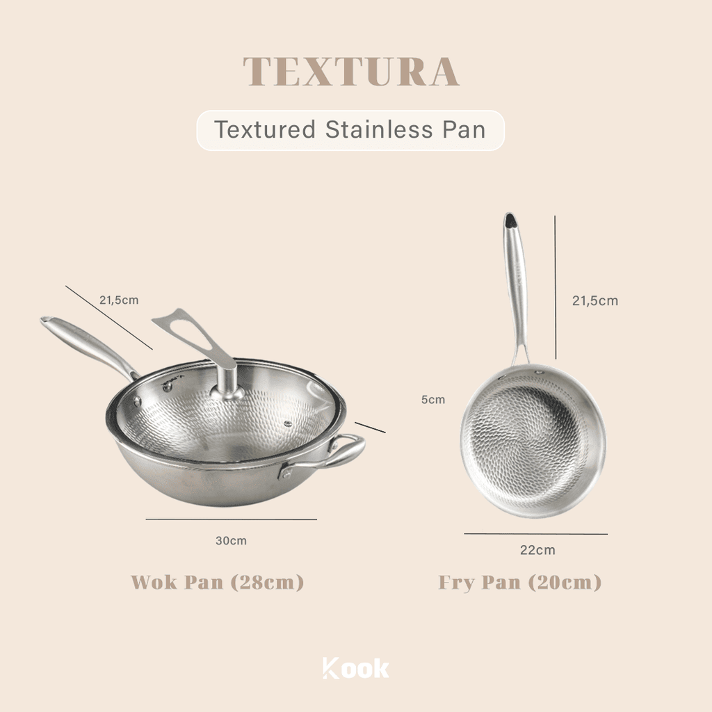 KOOK TEXTURA [BUNDLE] Fry Pan + Wok Pan ri-ply Fully Clad Textured Stainless Steel 18/10 Zero Coating SUS 304 Interior 403 Exterior Non-toxic PFOA PTFE Free Grafir Nama Engrave Gift Housewarming Wedding Birthday Hampers