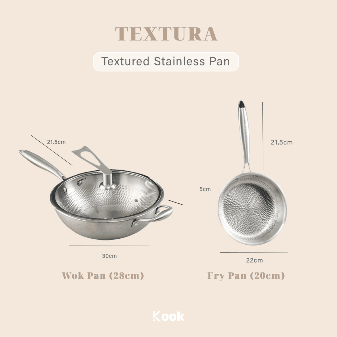 KOOK TEXTURA [BUNDLE] Fry Pan + Wok Pan ri-ply Fully Clad Textured Stainless Steel 18/10 Zero Coating SUS 304 Interior 403 Exterior Non-toxic PFOA PTFE Free Grafir Nama Engrave Gift Housewarming Wedding Birthday Hampers