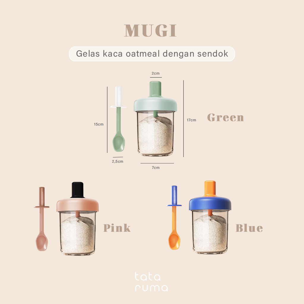 MUGI - Gelas Kaca Overnight Oatmeal Sarapan Cereal 400ml dengan Sendok Silikon