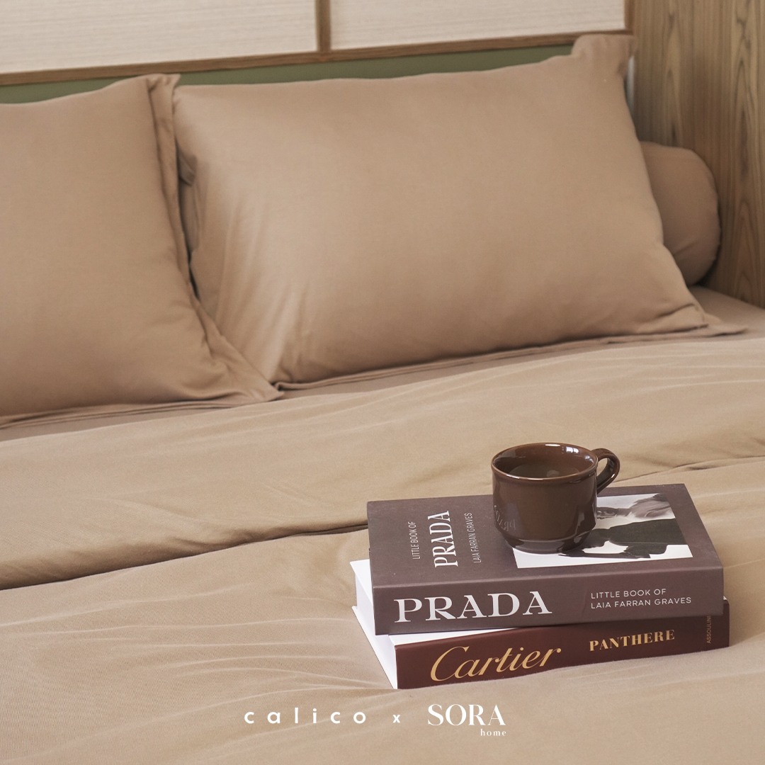 SORA CALICO Jersey Bedding Set - 100% Organic Jersey Cotton Fitted Bed Sheet Pillow Case Bolster Sprei Sarung Bantal Guling Katun Seprei Kaus Lembut Hypoallergenic TATARUMA
