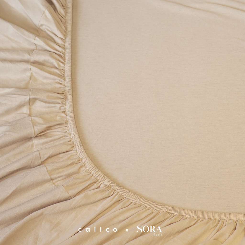 SORA CALICO Jersey Bedding Set - 100% Organic Jersey Cotton Fitted Bed Sheet Pillow Case Bolster Sprei Sarung Bantal Guling Katun Seprei Kaus Lembut Hypoallergenic TATARUMA