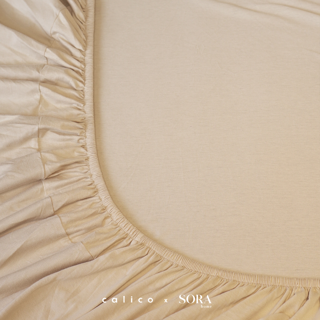 SORA CALICO Jersey Bedding Set - 100% Organic Jersey Cotton Fitted Bed Sheet Pillow Case Bolster Sprei Sarung Bantal Guling Katun Seprei Kaus Lembut Hypoallergenic TATARUMA