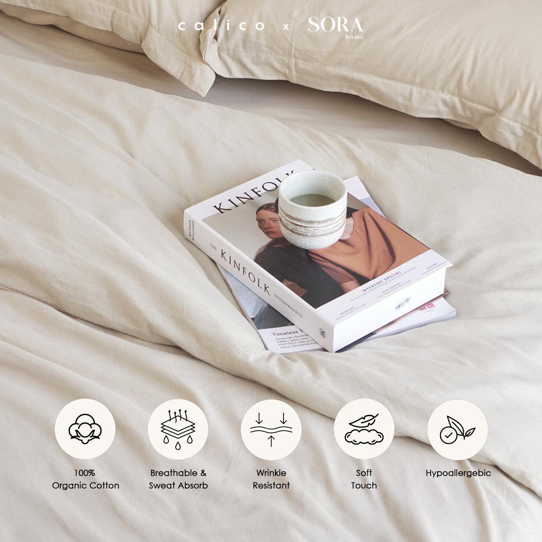 SORA CALICO Jersey Bedding Set - 100% Organic Jersey Cotton Fitted Bed Sheet Pillow Case Bolster Sprei Sarung Bantal Guling Katun Seprei Kaus Lembut Hypoallergenic TATARUMA