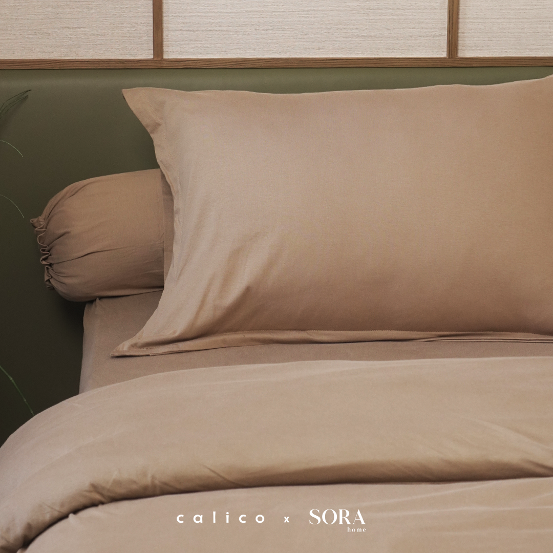 SORA CALICO Jersey Bedding Set - 100% Organic Jersey Cotton Fitted Bed Sheet Pillow Case Bolster Sprei Sarung Bantal Guling Katun Seprei Kaus Lembut Hypoallergenic TATARUMA