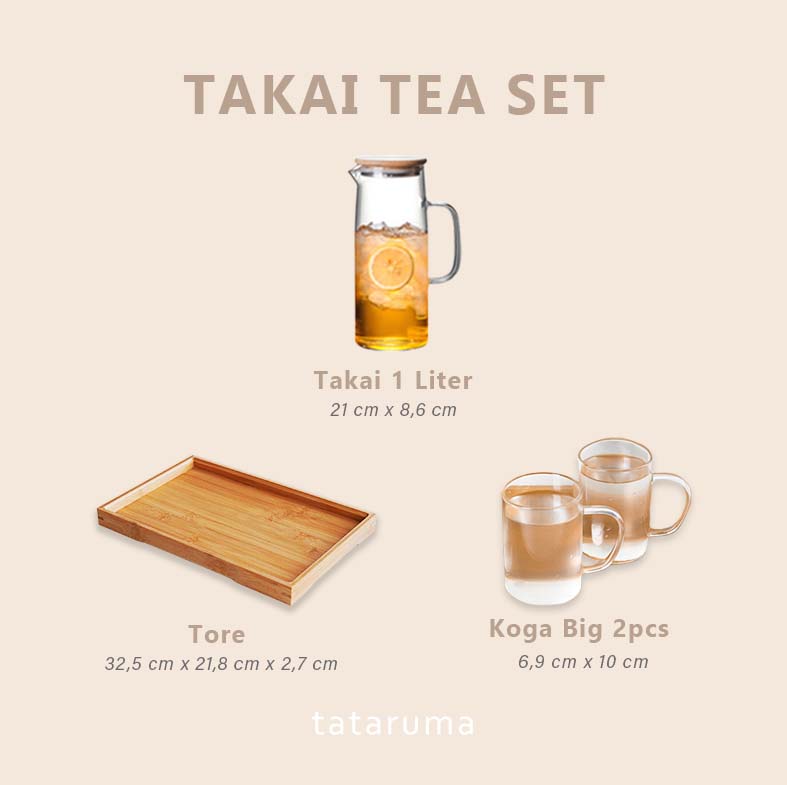 Tea Set Pitcher TAKAI 1L Minuman Tahan Panas & 2 gelas & Tray
