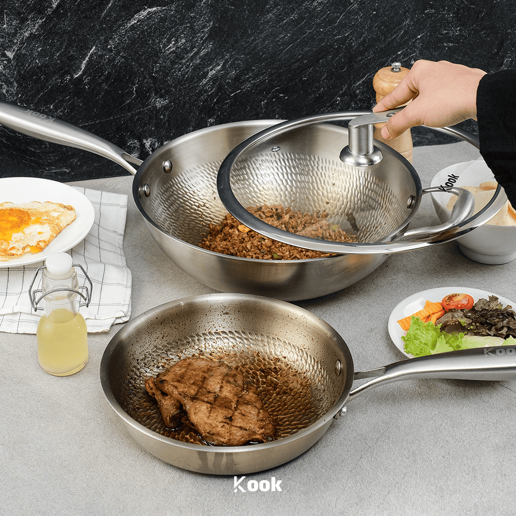 KOOK TEXTURA Fry Pan 20cm Tri-ply Fully Clad Textured Stainless Steel 18/10 Zero Coating SUS 304 Interior 403 Exterior Non-toxic PFOA PTFE Free Grafir Nama Engrave Gift Housewarming Wedding Birthday Hampers