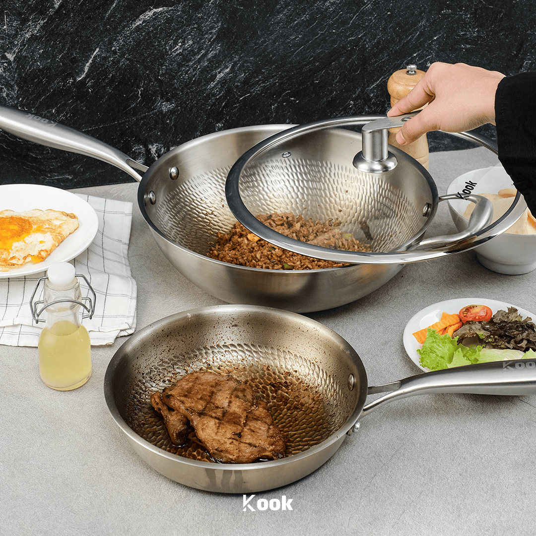 KOOK TEXTURA Fry Pan 20cm Tri-ply Fully Clad Textured Stainless Steel 18/10 Zero Coating SUS 304 Interior 403 Exterior Non-toxic PFOA PTFE Free Grafir Nama Engrave Gift Housewarming Wedding Birthday Hampers