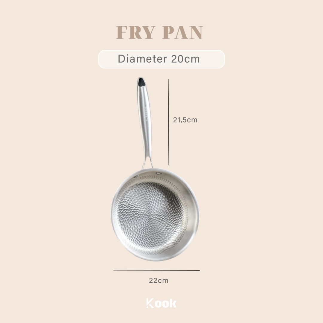 KOOK TEXTURA Fry Pan 20cm Tri-ply Fully Clad Textured Stainless Steel 18/10 Zero Coating SUS 304 Interior 403 Exterior Non-toxic PFOA PTFE Free Grafir Nama Engrave Gift Housewarming Wedding Birthday Hampers