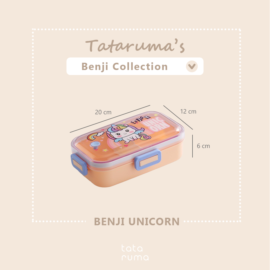 BENJI - Lunch Box Tempat Makan Kotak Bekal Plastik Anak Bergambar Lucu dengan Sekat dan Sendok