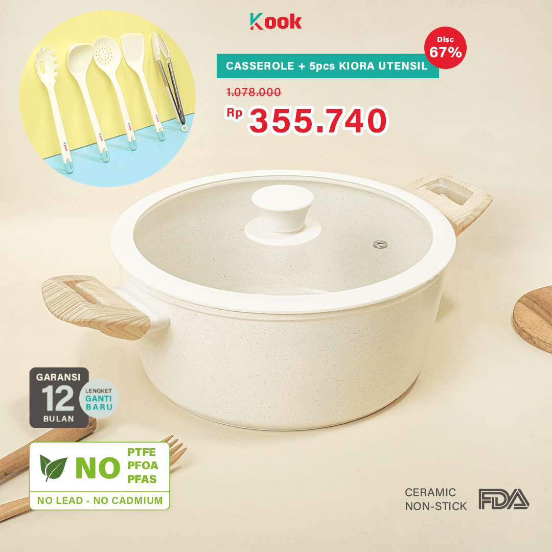 KOOK [BUNDLE PAN+5 SUTIL] CASSEROLE + KIORA 5pcs Utensils - Alat Masak Panci Besar Anti Lengket Jumbo Non-toxic Ceramic Non-stick Pan Silicone Cooking Kitchen Utensil Telur Cetak Sosis Sayur Pancake Martabak