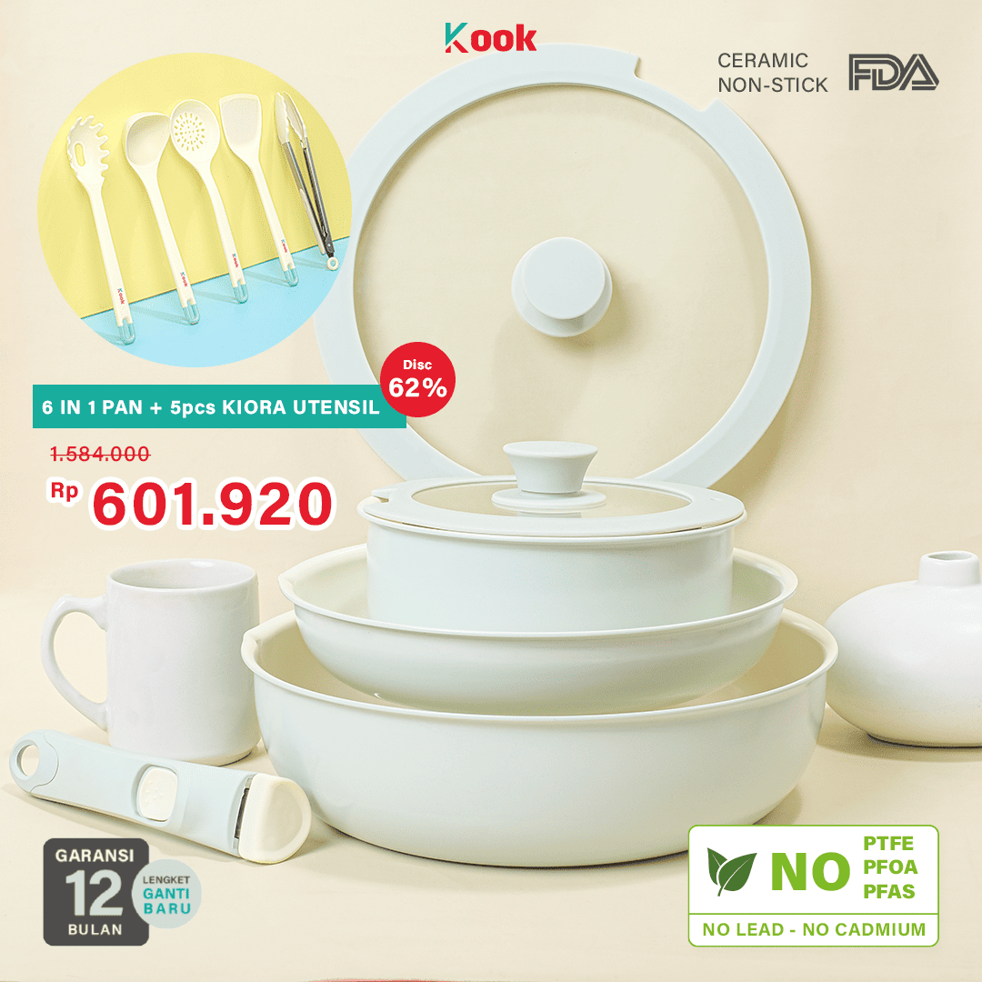 KOOK [BUNDLE PAN+5 SUTIL] 6IN1 PAN SET + KIORA 5pcs Utensils - Non-toxic Ceramic Non-stick Pan Gagang Lepas Pasang Silicone Cooking Kitchen Utensil Telur Cetak Sosis Sayur Pancake Martabak Non-toxic Ceramic Non-stick Pan
