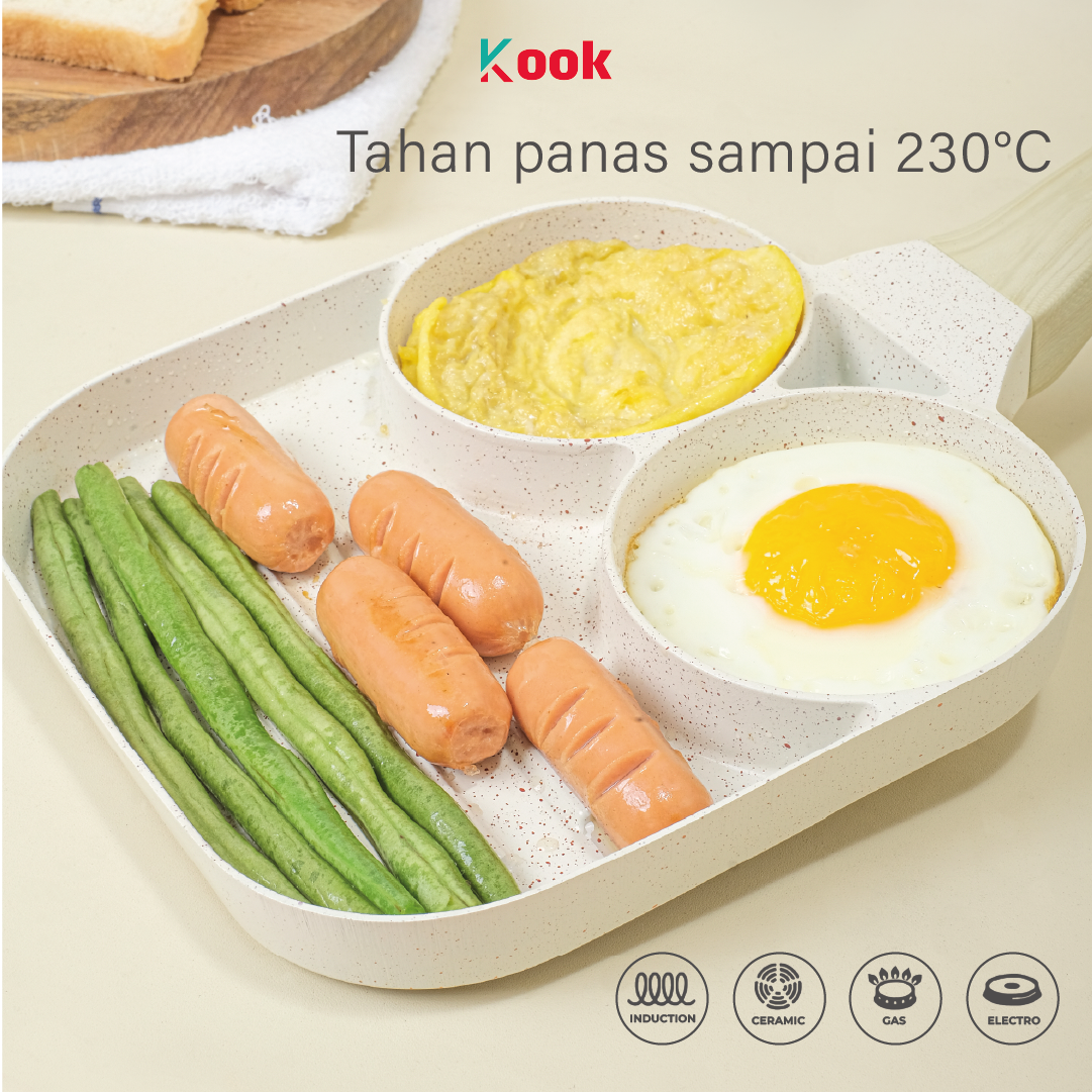 KOOK [BUNDLE PAN+5 SUTIL] Brunch Pan + KIORA 5pcs Utensils - Alat Masak 3in1 Panci Wajan Sarapan Anti Lengket Silicone Cooking Kitchen Utensil Telur Cetak Sosis Sayur Pancake Martabak Non-toxic Ceramic Non-stick Pan