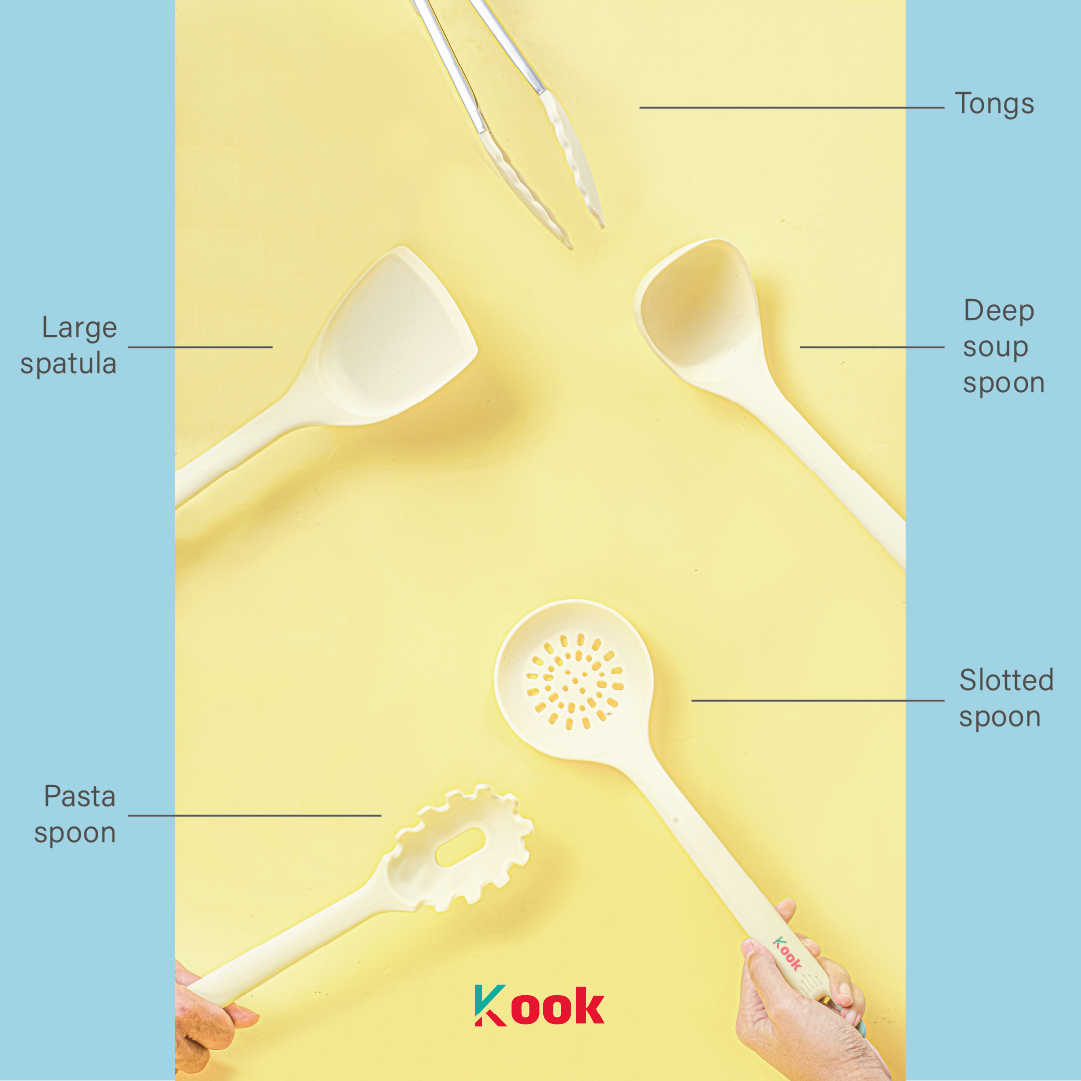 KOOK [BUNDLE PAN+5 SUTIL] Brunch Pan + KIORA 5pcs Utensils - Alat Masak 3in1 Panci Wajan Sarapan Anti Lengket Silicone Cooking Kitchen Utensil Telur Cetak Sosis Sayur Pancake Martabak Non-toxic Ceramic Non-stick Pan