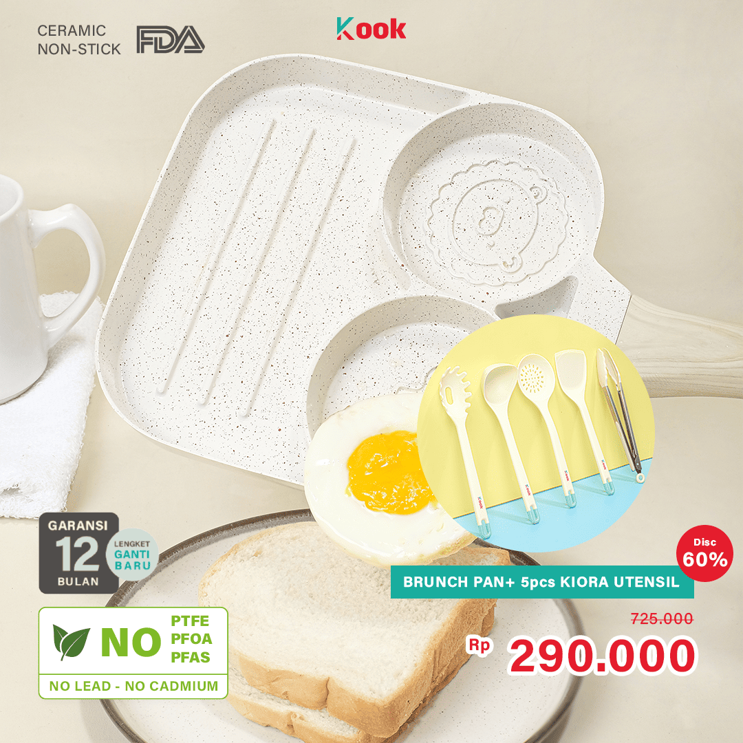 KOOK [BUNDLE PAN+5 SUTIL] Brunch Pan + KIORA 5pcs Utensils - Alat Masak 3in1 Panci Wajan Sarapan Anti Lengket Silicone Cooking Kitchen Utensil Telur Cetak Sosis Sayur Pancake Martabak Non-toxic Ceramic Non-stick Pan