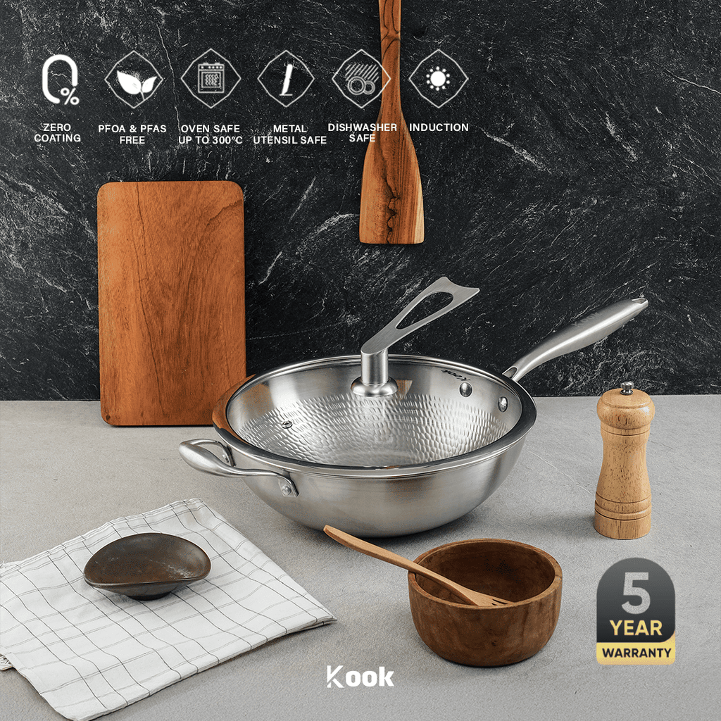 KOOK TEXTURA Wok Pan 28cm Tri-ply Fully Clad Textured Stainless Steel 18/10 Zero Coating SUS 304 Interior 403 Exterior Non-toxic PFOA PTFE Free Grafir Nama Engrave Gift Housewarming Wedding Birthday Hampers