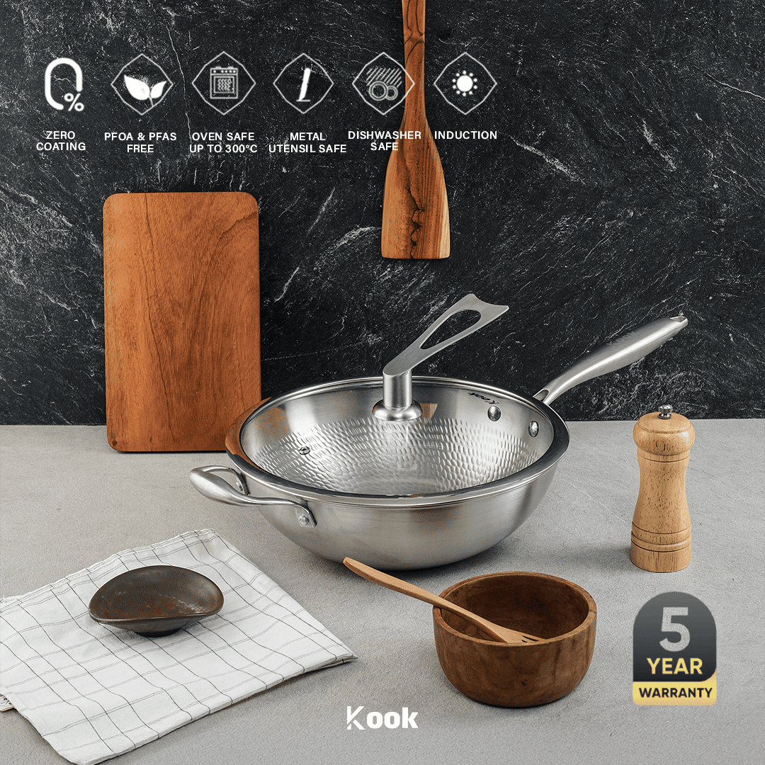 KOOK TEXTURA Wok Pan 28cm Tri-ply Fully Clad Textured Stainless Steel 18/10 Zero Coating SUS 304 Interior 403 Exterior Non-toxic PFOA PTFE Free Grafir Nama Engrave Gift Housewarming Wedding Birthday Hampers