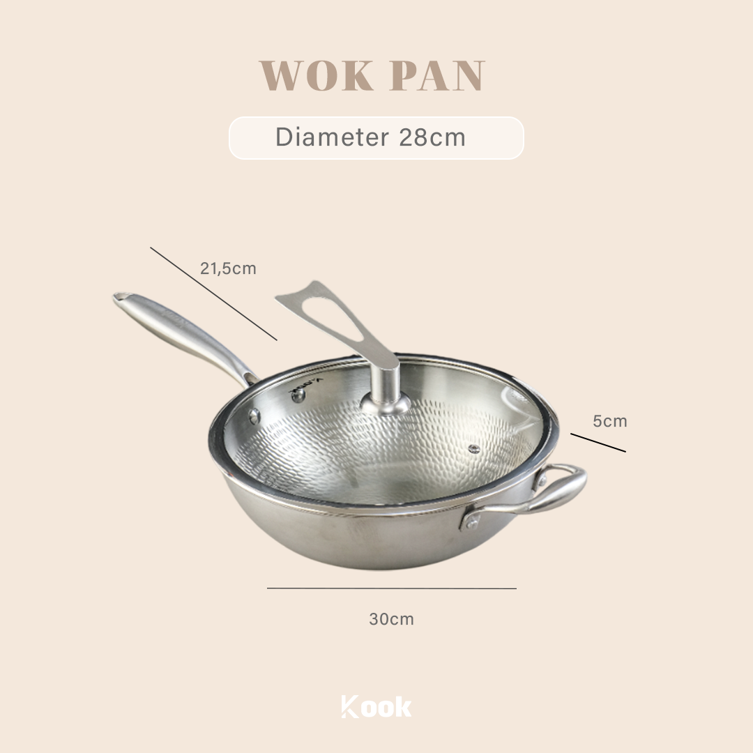 KOOK TEXTURA Wok Pan 28cm Tri-ply Fully Clad Textured Stainless Steel 18/10 Zero Coating SUS 304 Interior 403 Exterior Non-toxic PFOA PTFE Free Grafir Nama Engrave Gift Housewarming Wedding Birthday Hampers
