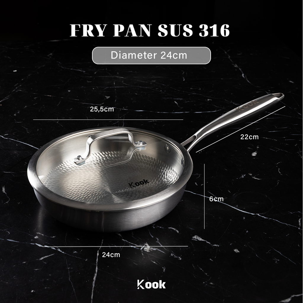 KOOK TEXTURA Fry Pan 24cm Tri-ply Fully Clad Textured Stainless Steel 18/10 Zero Coating SUS 316 Interior 403 Exterior Non-toxic PFOA PTFE Free Grafir Nama Engrave Gift Housewarming Wedding Birthday Hampers