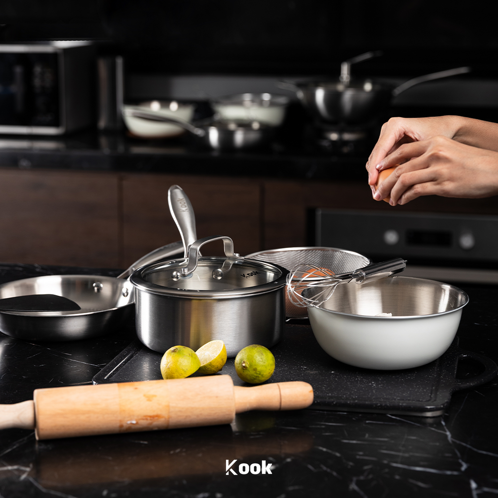 KOOK TEXTURA Fry Pan 24cm Tri-ply Fully Clad Textured Stainless Steel 18/10 Zero Coating SUS 316 Interior 403 Exterior Non-toxic PFOA PTFE Free Grafir Nama Engrave Gift Housewarming Wedding Birthday Hampers