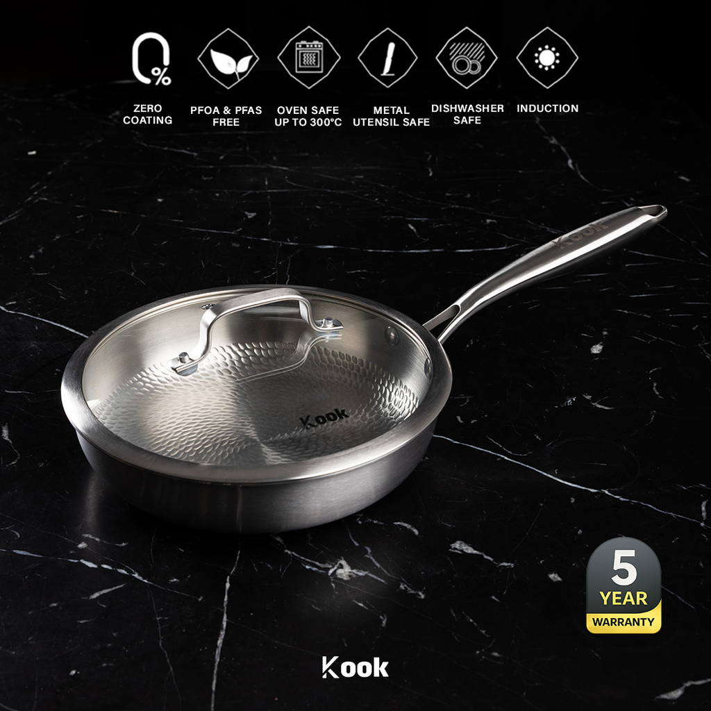 KOOK TEXTURA Fry Pan 24cm Tri-ply Fully Clad Textured Stainless Steel 18/10 Zero Coating SUS 316 Interior 403 Exterior Non-toxic PFOA PTFE Free Grafir Nama Engrave Gift Housewarming Wedding Birthday Hampers
