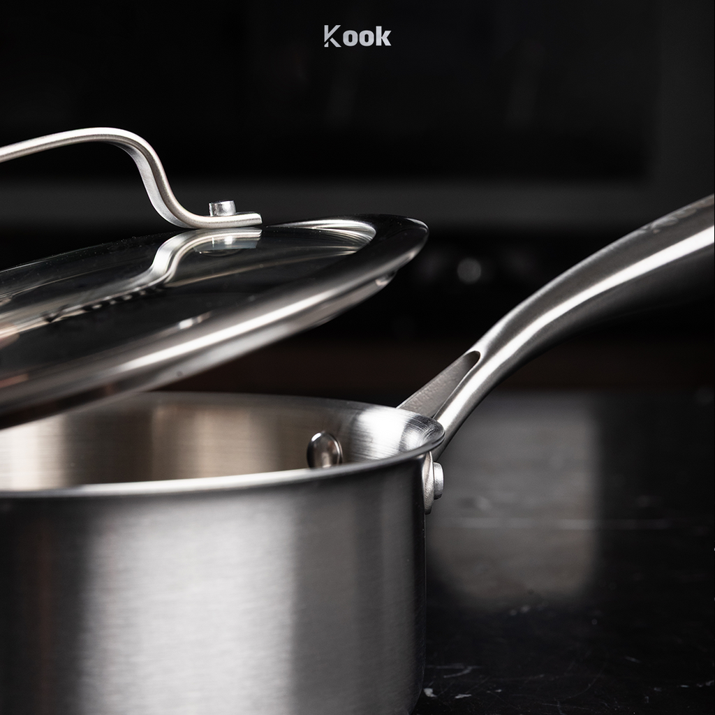 KOOK TEXTURA Sauce Pan 18cm Tri-ply Fully Clad Textured Stainless Steel 18/10 Zero Coating SUS 316 Interior 403 Exterior Non-toxic PFOA PTFE Free Grafir Nama Engrave Gift Housewarming Wedding Birthday Hampers