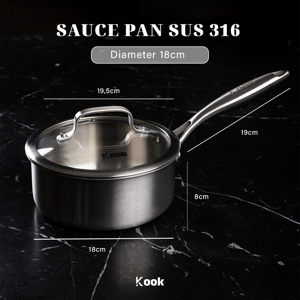 KOOK TEXTURA Sauce Pan 18cm Tri-ply Fully Clad Textured Stainless Steel 18/10 Zero Coating SUS 316 Interior 403 Exterior Non-toxic PFOA PTFE Free Grafir Nama Engrave Gift Housewarming Wedding Birthday Hampers