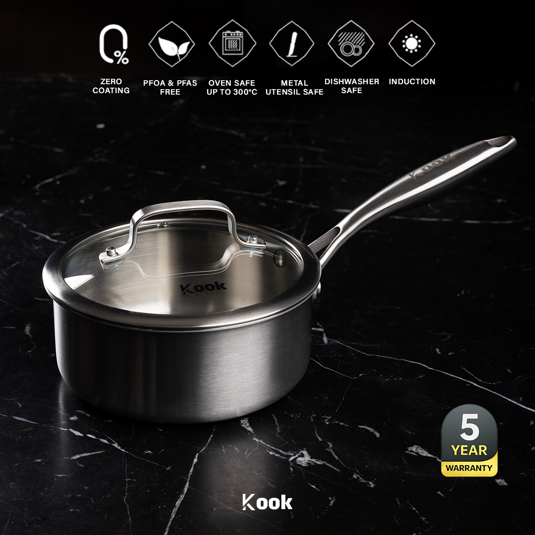 KOOK TEXTURA Sauce Pan 18cm Tri-ply Fully Clad Textured Stainless Steel 18/10 Zero Coating SUS 316 Interior 403 Exterior Non-toxic PFOA PTFE Free Grafir Nama Engrave Gift Housewarming Wedding Birthday Hampers