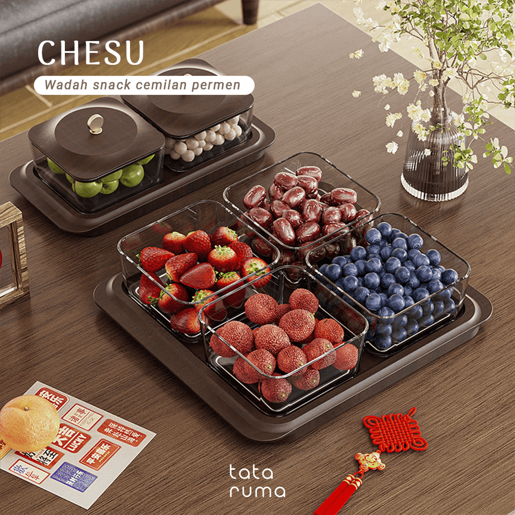 CHESU - Toples Cemilan Snack Permen Wadah Nampan Lebaran Motif Serat Kayu
