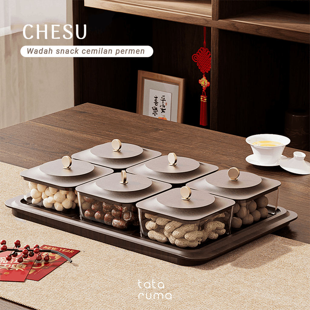 CHESU - Toples Cemilan Snack Permen Wadah Nampan Lebaran Motif Serat Kayu