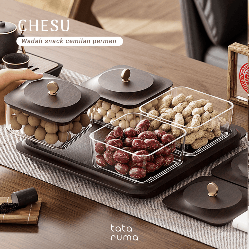 CHESU - Toples Cemilan Snack Permen Wadah Nampan Lebaran Motif Serat Kayu