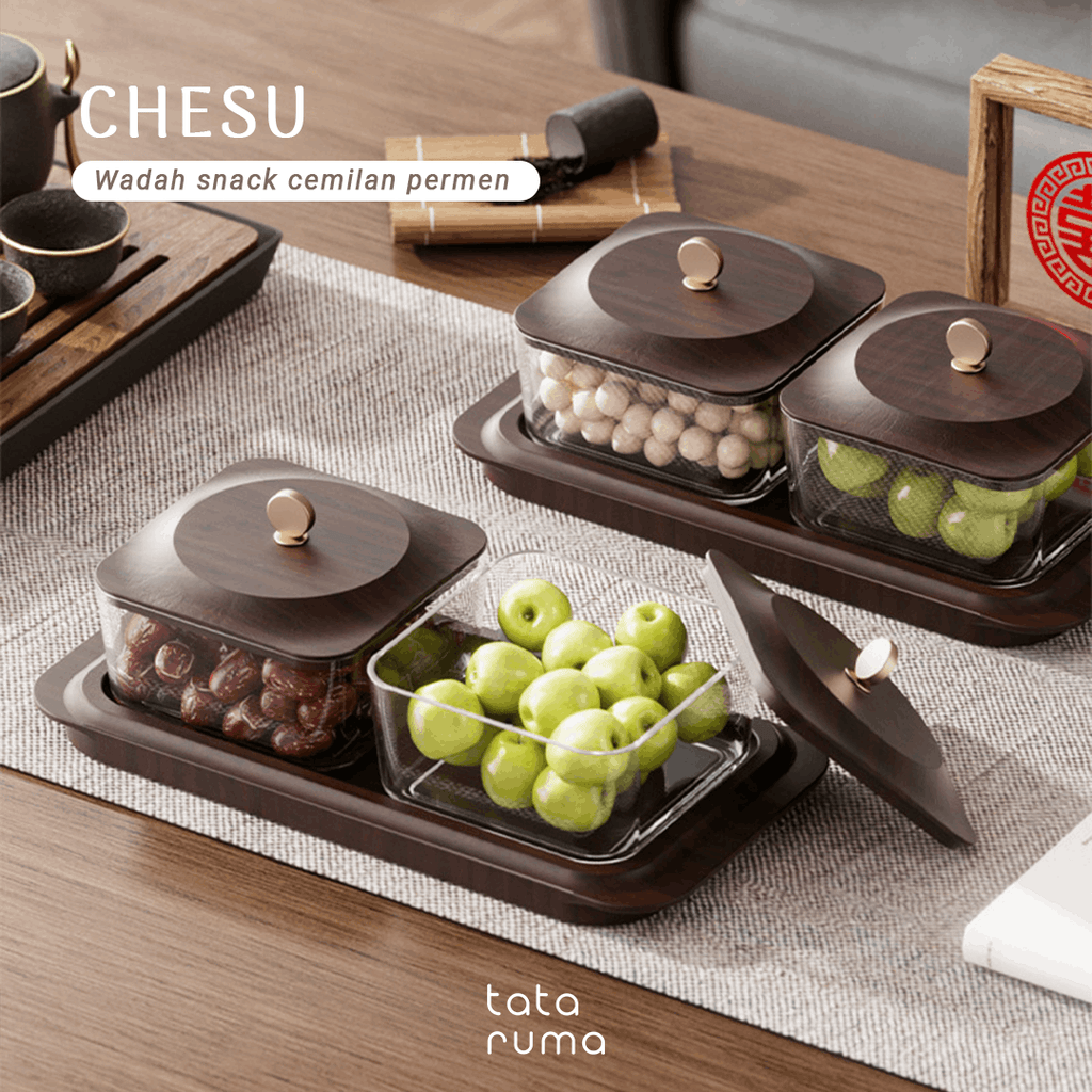 CHESU - Toples Cemilan Snack Permen Wadah Nampan Lebaran Motif Serat Kayu