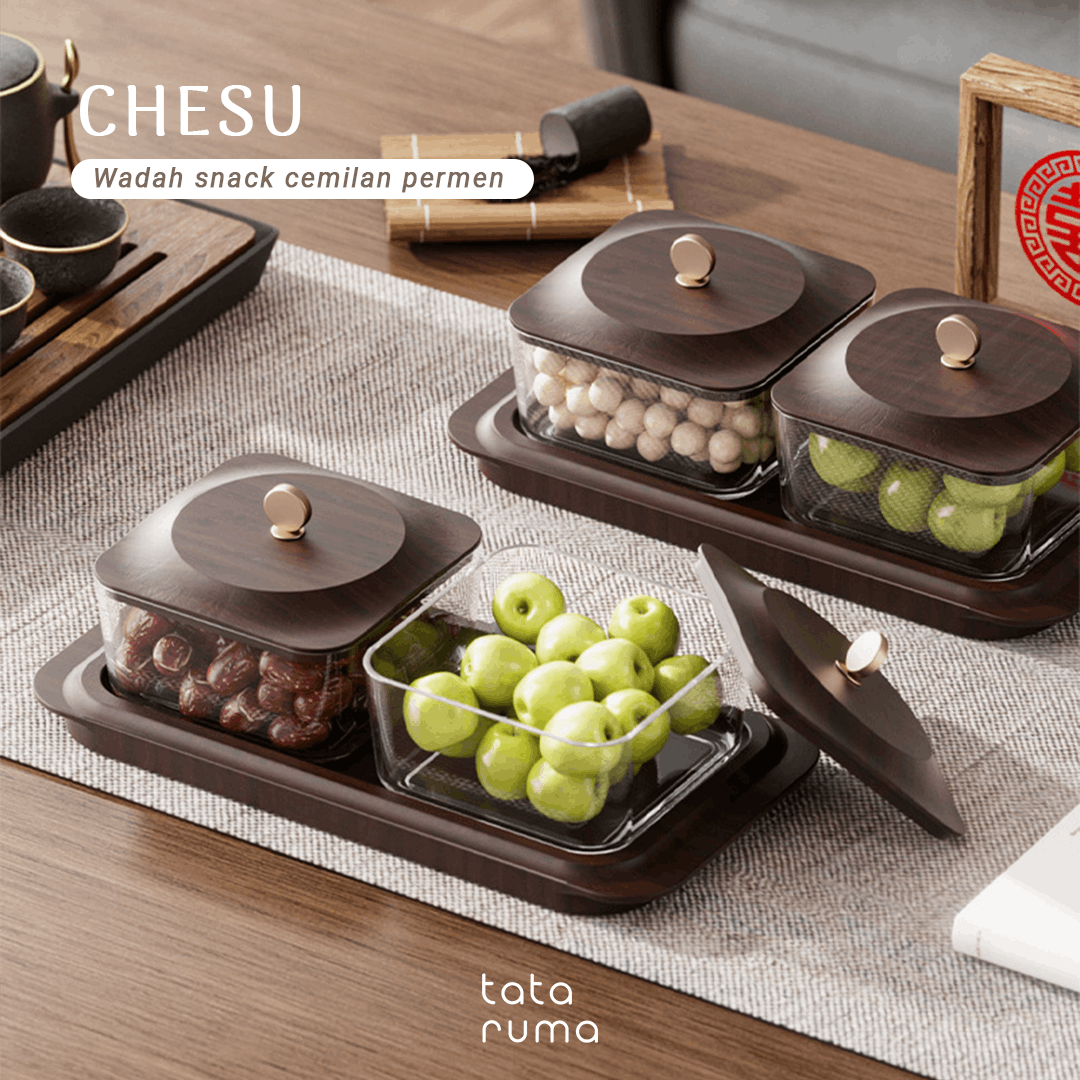 CHESU - Toples Cemilan Snack Permen Wadah Nampan Lebaran Motif Serat Kayu
