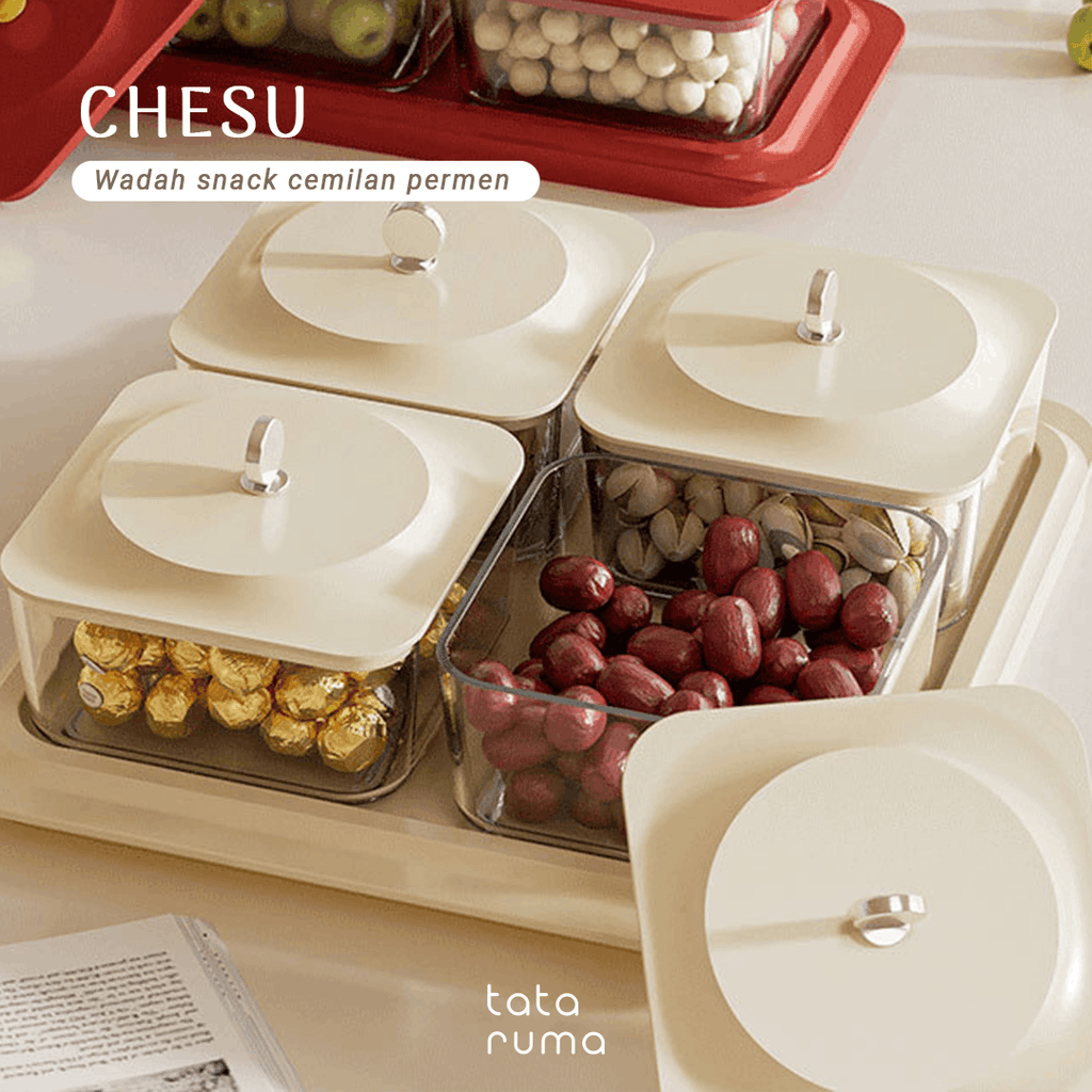 CHESU - Toples Cemilan Snack Permen Wadah Nampan Lebaran Motif Serat Kayu