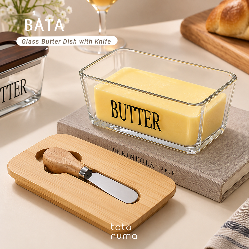 BATA - Glass Butter Dish with Knife Tempat Butter Mentega Kaca dengan Pisau