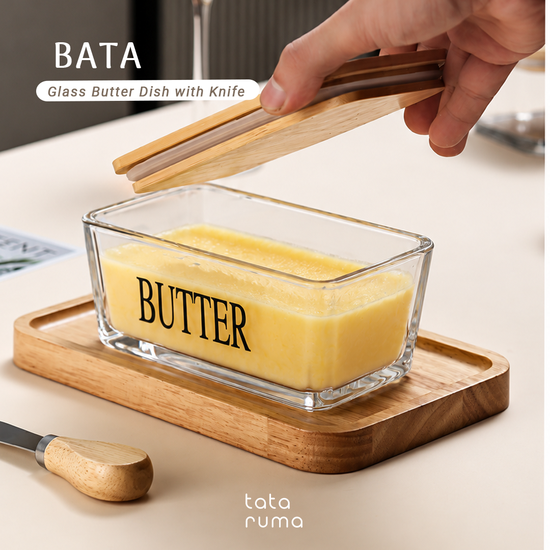 BATA - Glass Butter Dish with Knife Tempat Butter Mentega Kaca dengan Pisau