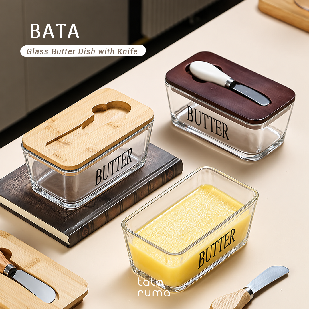 BATA - Glass Butter Dish with Knife Tempat Butter Mentega Kaca dengan Pisau