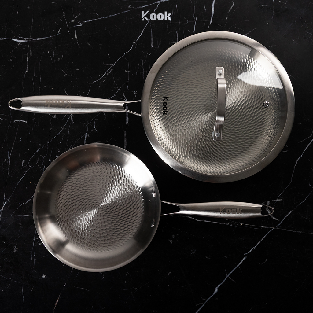 KOOK TEXTURA [BUNDLE] ALL 316 SERIES - Fry Pan 20cm + Fry Pan 24cm + Sauce Pan 18cm Tri-ply Fully Clad Textured Stainless Steel 18/10 Zero Coating SUS 316 Interior 403 Exterior Non-toxic PFOA PTFE Free Grafir Nama Engrave Gift Housewarming Wedding Hampers