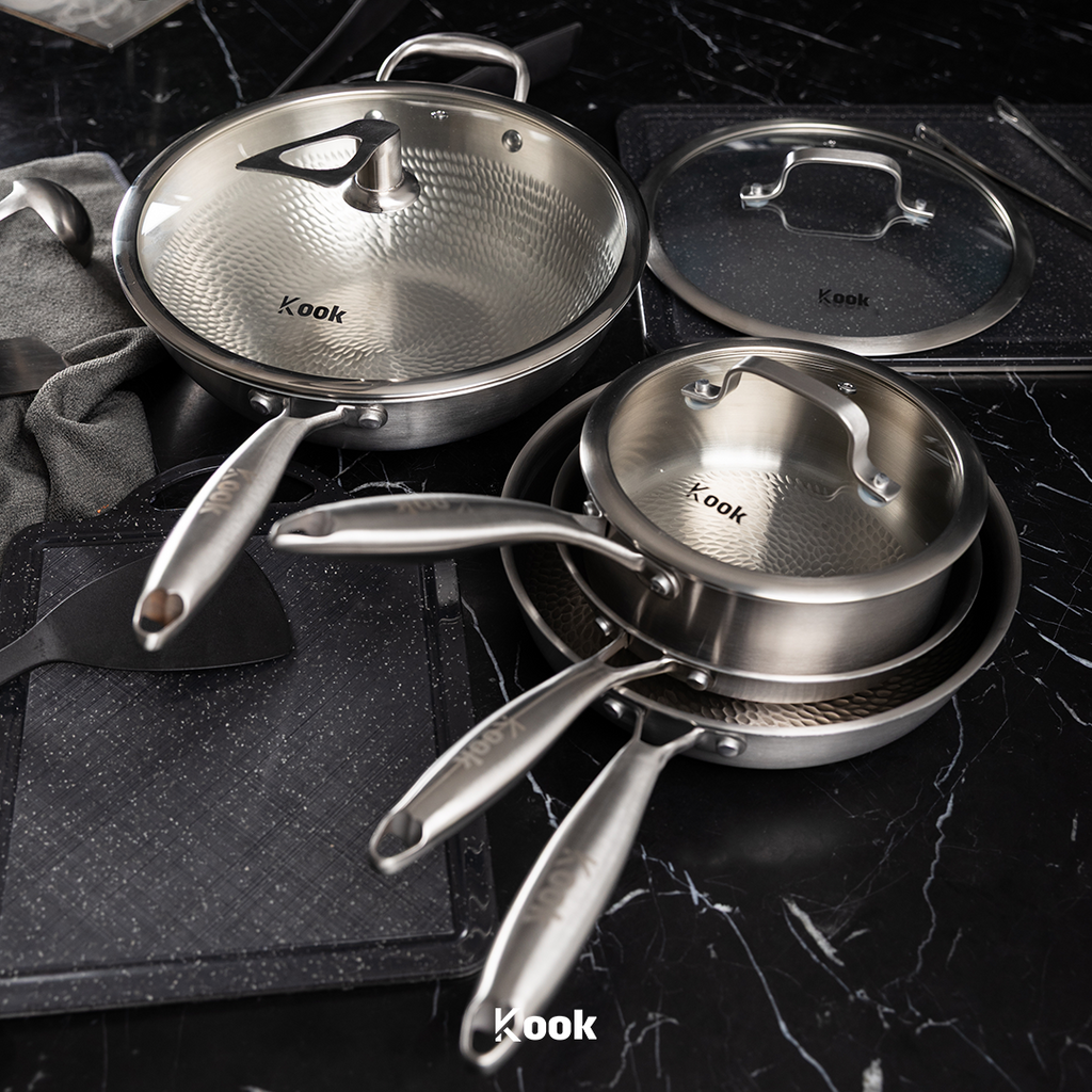 KOOK TEXTURA [BUNDLE] ALL 316 SERIES - Fry Pan 20cm + Fry Pan 24cm + Sauce Pan 18cm Tri-ply Fully Clad Textured Stainless Steel 18/10 Zero Coating SUS 316 Interior 403 Exterior Non-toxic PFOA PTFE Free Grafir Nama Engrave Gift Housewarming Wedding Hampers