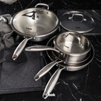 KOOK TEXTURA [BUNDLE] ALL 316 SERIES - Fry Pan 20cm + Fry Pan 24cm + Sauce Pan 18cm Tri-ply Fully Clad Textured Stainless Steel 18/10 Zero Coating SUS 316 Interior 403 Exterior Non-toxic PFOA PTFE Free Grafir Nama Engrave Gift Housewarming Wedding Hampers