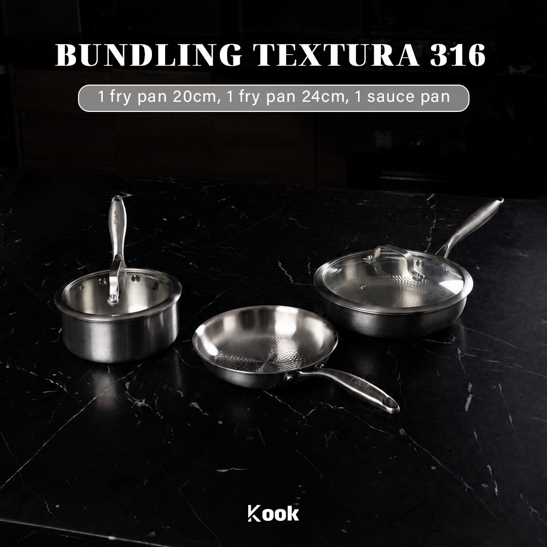 KOOK TEXTURA [BUNDLE] ALL 316 SERIES - Fry Pan 20cm + Fry Pan 24cm + Sauce Pan 18cm Tri-ply Fully Clad Textured Stainless Steel 18/10 Zero Coating SUS 316 Interior 403 Exterior Non-toxic PFOA PTFE Free Grafir Nama Engrave Gift Housewarming Wedding Hampers