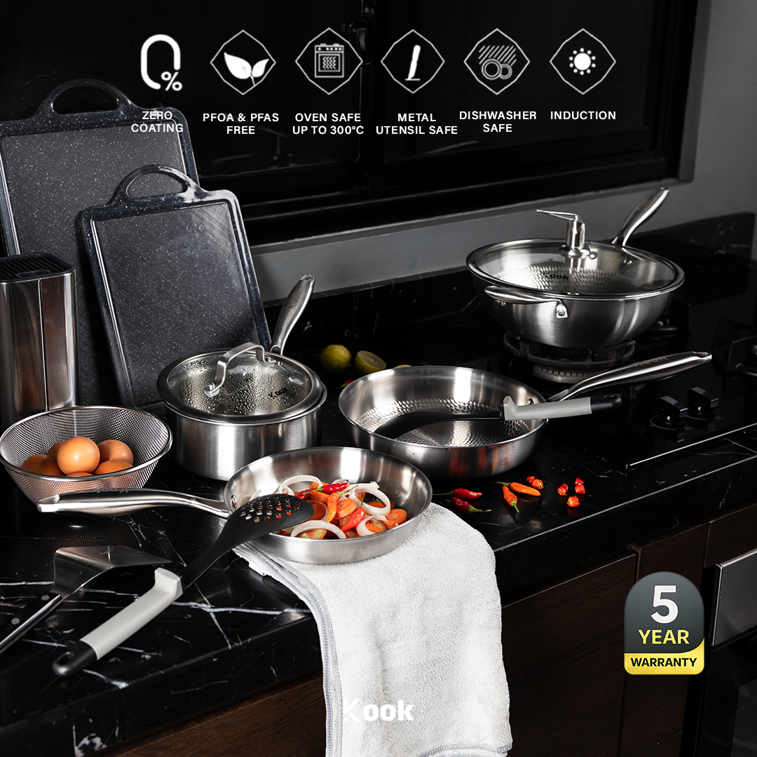 KOOK TEXTURA [BUNDLE] ALL 316 SERIES - Fry Pan 20cm + Fry Pan 24cm + Sauce Pan 18cm Tri-ply Fully Clad Textured Stainless Steel 18/10 Zero Coating SUS 316 Interior 403 Exterior Non-toxic PFOA PTFE Free Grafir Nama Engrave Gift Housewarming Wedding Hampers