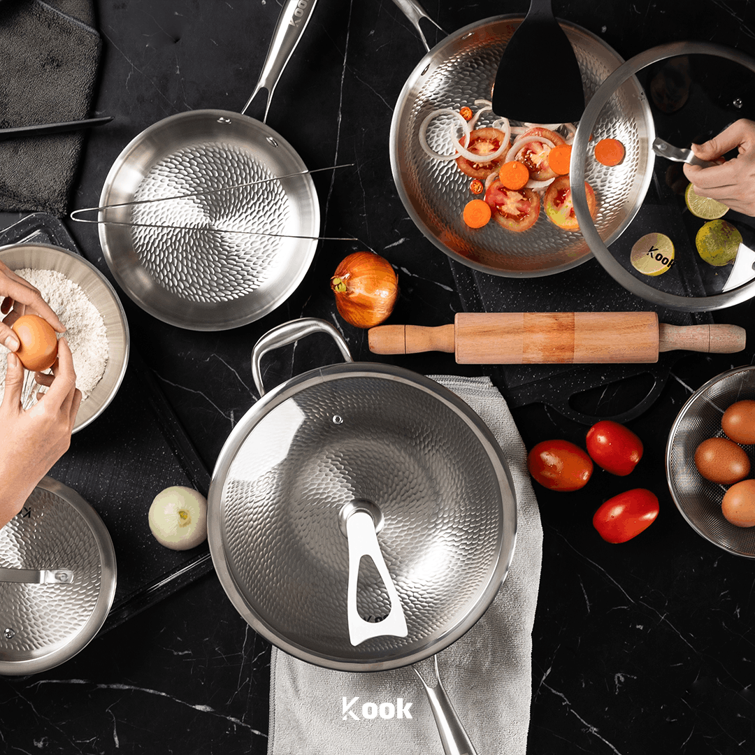 KOOK TEXTURA [BUNDLE] ALL 316 SERIES - Fry Pan 20cm + Fry Pan 24cm + Sauce Pan 18cm Tri-ply Fully Clad Textured Stainless Steel 18/10 Zero Coating SUS 316 Interior 403 Exterior Non-toxic PFOA PTFE Free Grafir Nama Engrave Gift Housewarming Wedding Hampers