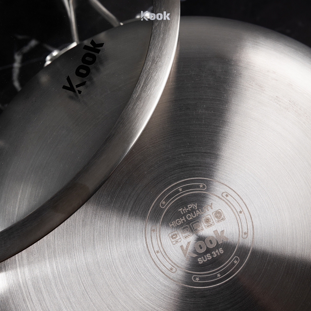 KOOK TEXTURA [BUNDLE] Fry Pan 20cm + Sauce pan 18cm Tri-ply Fully Clad Textured Stainless Steel 18/10 Zero Coating SUS 316 Interior 403 Exterior Non-toxic PFOA PTFE Free Grafir Nama Engrave Gift Housewarming Wedding Birthday Hampers