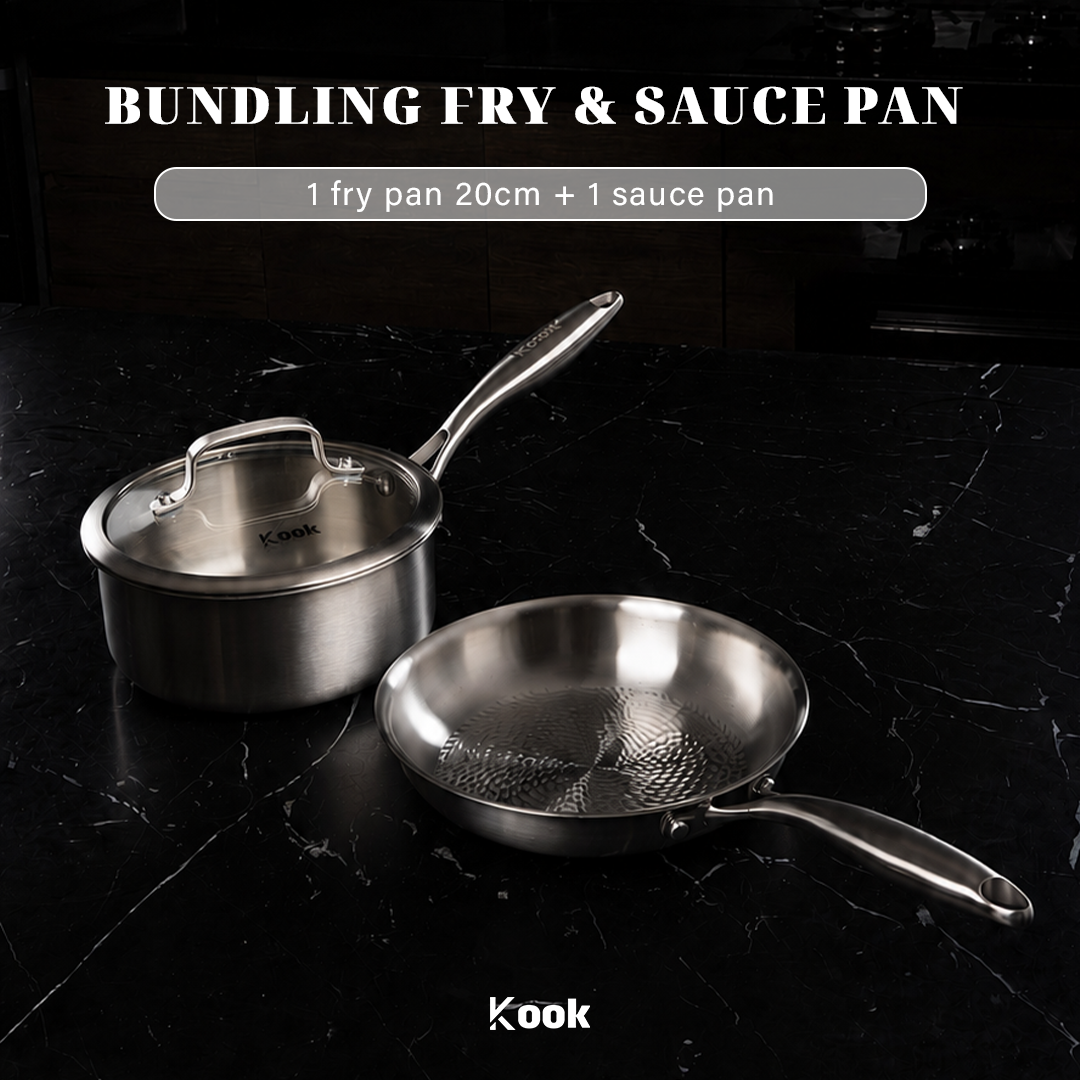 KOOK TEXTURA [BUNDLE] Fry Pan 20cm + Sauce pan 18cm Tri-ply Fully Clad Textured Stainless Steel 18/10 Zero Coating SUS 316 Interior 403 Exterior Non-toxic PFOA PTFE Free Grafir Nama Engrave Gift Housewarming Wedding Birthday Hampers