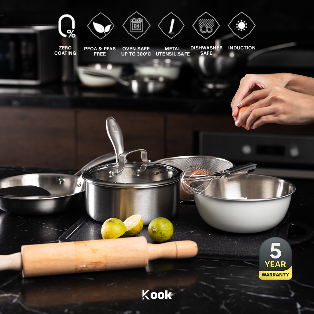 KOOK TEXTURA [BUNDLE] Fry Pan 20cm + Sauce pan 18cm Tri-ply Fully Clad Textured Stainless Steel 18/10 Zero Coating SUS 316 Interior 403 Exterior Non-toxic PFOA PTFE Free Grafir Nama Engrave Gift Housewarming Wedding Birthday Hampers