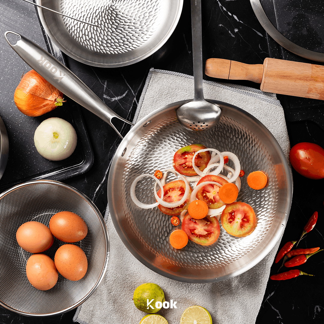 KOOK TEXTURA [BUNDLE] Fry Pan 20cm + Sauce pan 18cm Tri-ply Fully Clad Textured Stainless Steel 18/10 Zero Coating SUS 316 Interior 403 Exterior Non-toxic PFOA PTFE Free Grafir Nama Engrave Gift Housewarming Wedding Birthday Hampers