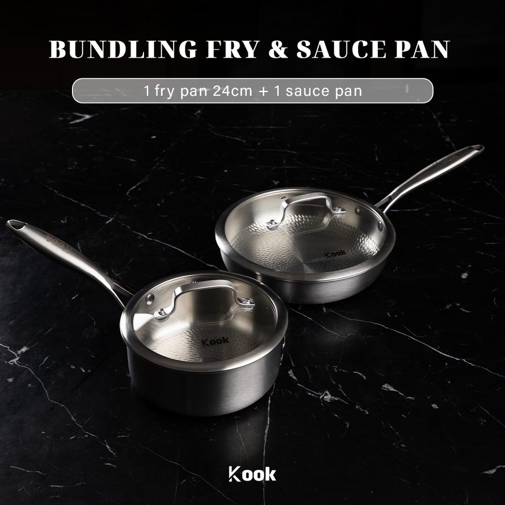 KOOK TEXTURA [BUNDLE] Fry Pan 24cm + Sauce pan Tri-ply Fully Clad Textured Stainless Steel 18/10 Zero Coating SUS 316 Interior 403 Exterior Non-toxic PFOA PTFE Free Grafir Nama Engrave Gift Housewarming Wedding Birthday Hampers