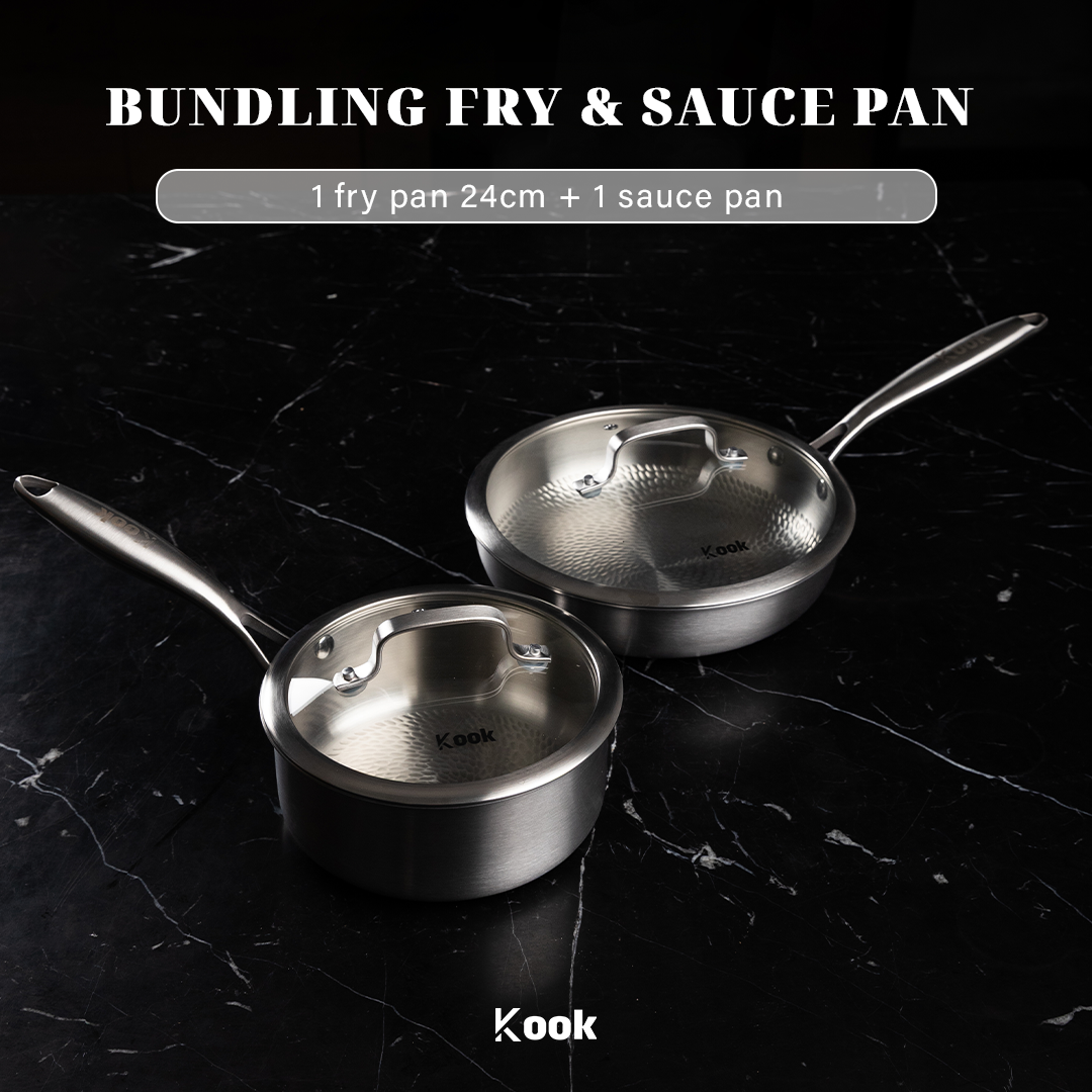 KOOK TEXTURA [BUNDLE] Fry Pan 24cm + Sauce pan Tri-ply Fully Clad Textured Stainless Steel 18/10 Zero Coating SUS 316 Interior 403 Exterior Non-toxic PFOA PTFE Free Grafir Nama Engrave Gift Housewarming Wedding Birthday Hampers