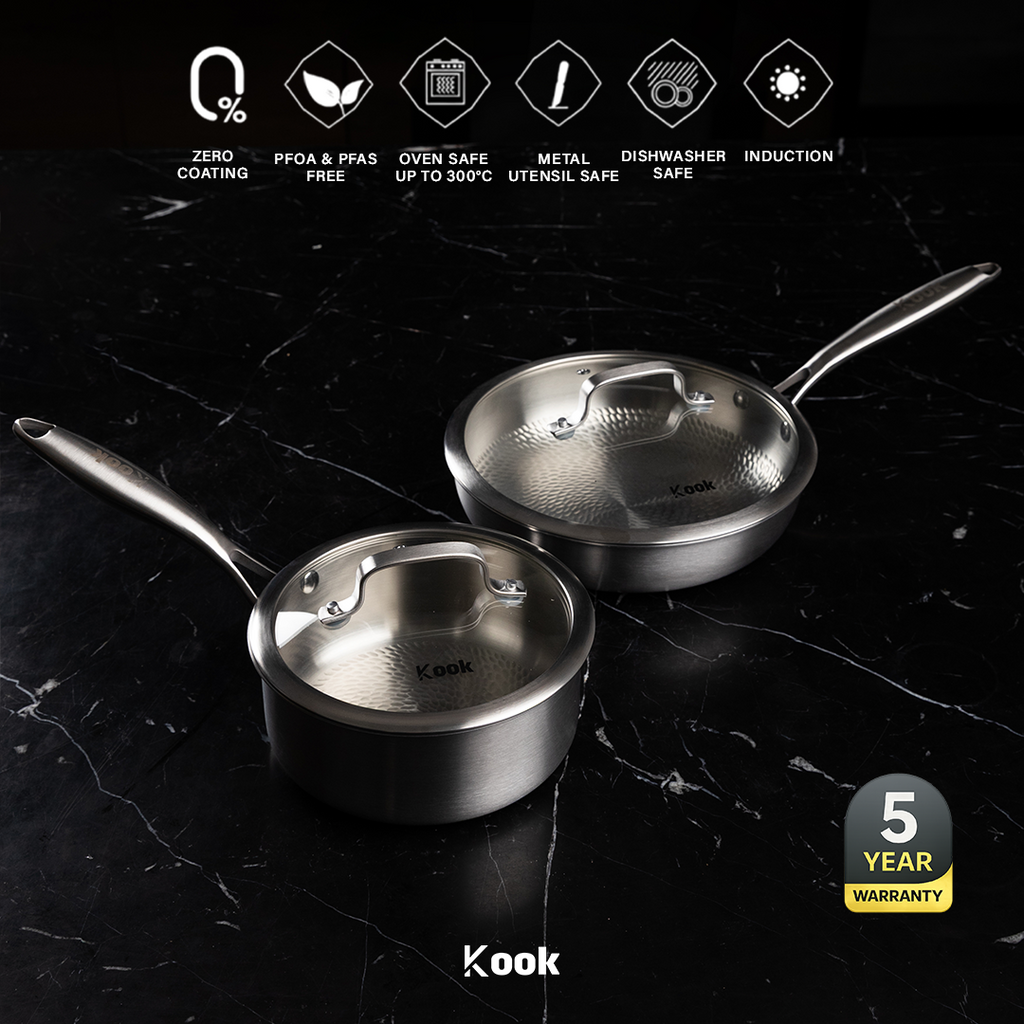 KOOK TEXTURA [BUNDLE] Fry Pan 24cm + Sauce pan Tri-ply Fully Clad Textured Stainless Steel 18/10 Zero Coating SUS 316 Interior 403 Exterior Non-toxic PFOA PTFE Free Grafir Nama Engrave Gift Housewarming Wedding Birthday Hampers